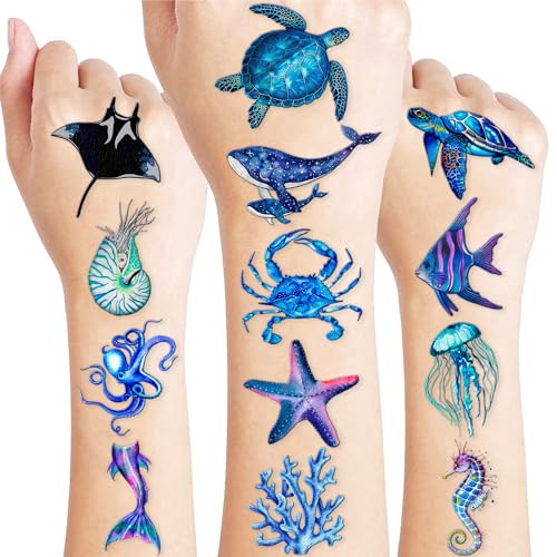 96 PCS Ocean Pre–Cut Animals Temporary Tattoos Themed Birthday Party Decorations Favors Supplies Décor Shark Sea Turtle Whale Fish Tattoo Stickers Gifts For Game Boys Girls