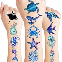 96 PCS Ocean PreCut Animals Temporary Tattoos Themed Birthday Party Decorations Favors Supplies Decor Shark Sea Turtle Whale Fish Tattoo Stickers Gifts For Game Boys Girls