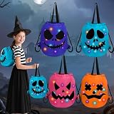 4 Pack LED Light Up Halloween Candy Bags, Reusable Halloween Bucket with Drawstring Glow in The Dark Trick or Treat Goodies Bag Large Ghost Pumpkin Kids Party Favor Buckets (Pink Orange Blue Purple)