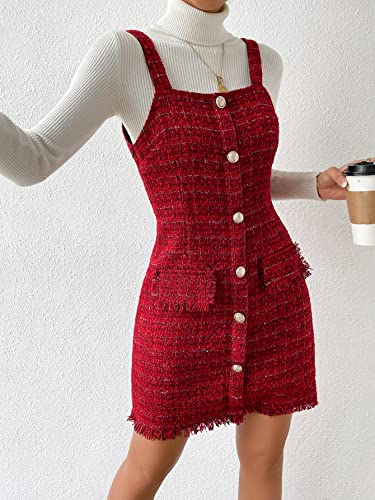 Aosan Women's Dresses Casual Wedding Button Front Raw Hem Tweed Overall Dress Without Sweater Wedding Guest (Color : Red, Size : Large) #TOP5