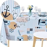 DESIGN NAUTIQUE CÔTIER – Inspirée des motifs marins classiques, cette toile cirée bleu marine présente des ancres, coquillages et éléments maritimes qui apportent une ambiance bord de mer relaxante à votre table, idéale pour les repas en famille, les maisons de plage et les réunions estivales