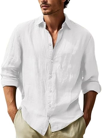 Mens Cotton Button Down Shirt Casual Loose Fit T Shirts Long Sleeve for Men Breathable Summer Beach Shirts