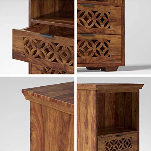 Image of Jangid Handicraft Solid Sheesham Wood Bedside Table for Bedroom | Wooden Bed Side Nightstand End Table with 2 Drawer & Open Shelf Storage for Home & Living Room | Sofa Side Table | Honey Finish
