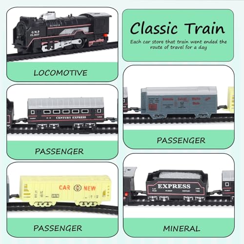 Image of VU Toys Big Black Train Set - Battery Operated Engine with Coal, Passenger Coach, Gray & Yellow Container Coaches and Round & Straight Track-Toy Train with Lights & Sound for Kids (3+ Years)