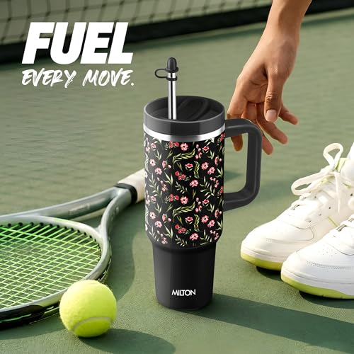 Image of MILTON Malmo 1200 Thermosteel Double Wall Vacuum Insulated Stainless Steel Tumbler with Handle 1100ml, Travel Mug with Straw,Silicon Cap,Cleaning Brush,Hot & Cold Beverage Flask,Floral Black