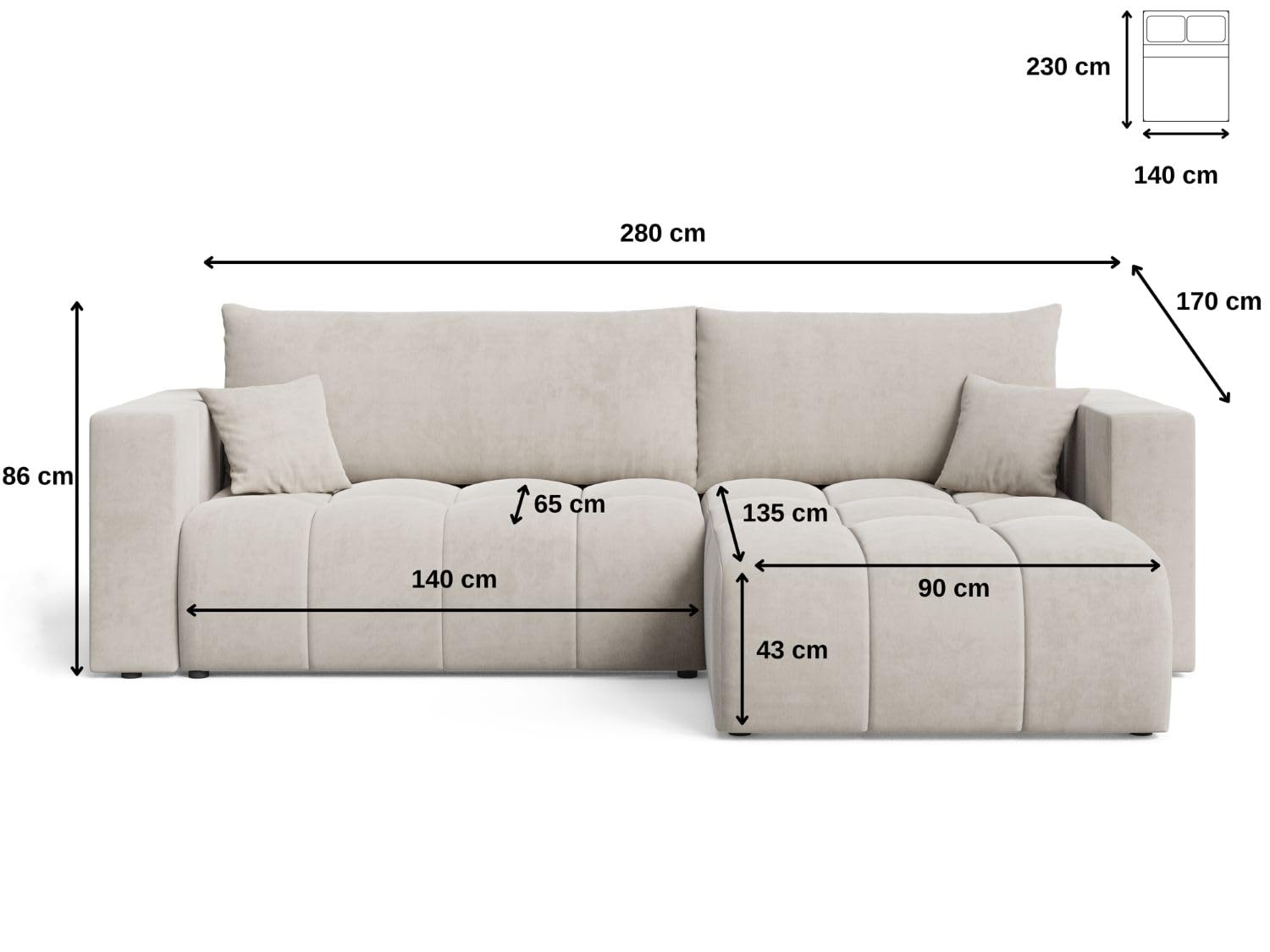 GRAINGOLD Neva L Ecksofa modern mit Bettfunktion, 280x170 cm, L-Form Sofa, Schlafcouch für Wohnzimmer, Velvet-Stoff, 3-Sitzer Eckcouch, Ecksofa mit Bettkasten (Beige)