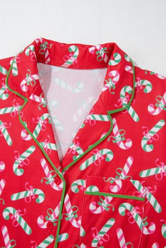 Image of KevaMolly Women Novelty Knotted Candy Cane Christmas Pajama Set | Christmas Floral Bow Print PJ Set, Button Lapel Knotted Drawstring Shorts with Convenient Side Pockets