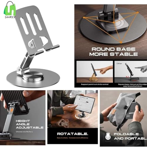 Image of SOVELY Adjustable Phone Stand - 360 Rotatable Metal Mobile Holder, Foldable Tablet Stand for Desk, Multiple Height & Angle Adjustments, Universal Compatibility for Smartphones and Tab, 1 Pc
