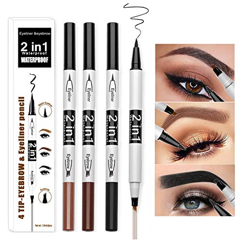 Microblading Eyebrow Pen, Eyebrow Tattoo Liquid Pen (3 Pcs) , 2 in 1 Eyeliner Pencil, Waterproof brow Pen, Natural Looking, 24h Long Lasting (3 PCS - Black & Dark Brown & Light Brown)