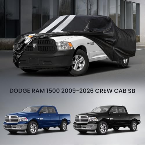 Image of Ram 1500 Truck Cover Custom Fit 2009-2026 Crew Cab Short Bed(5.75') with Door Zipper, 10 Layer Outdoor Heavy Pickup Truck Cover Waterproof All Weather, Car Tarp for Wind Dust Sun etc Protection.