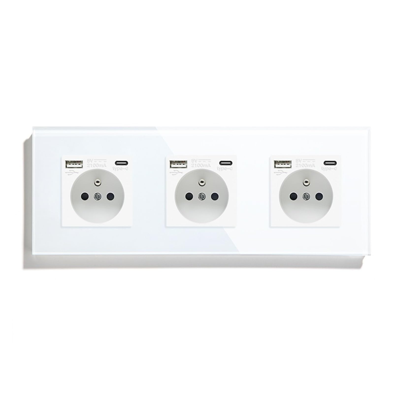 Prises de courant murales simples, Standard français, Double prise de Port USB type-c, panneau en verre cristal, Protection des enfants 16A(Triple Socket White)