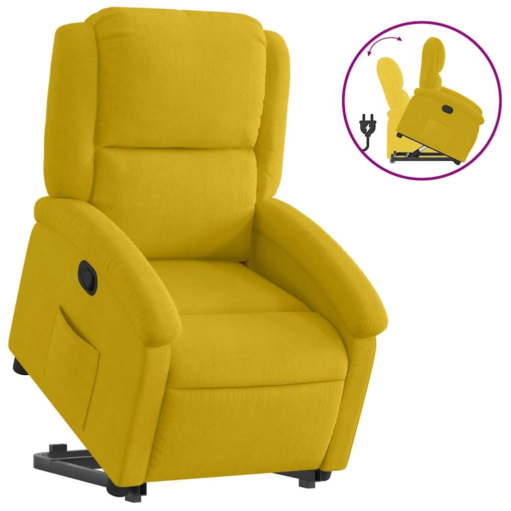 Fauteuil rehausseur inclinable jaune en velours avec moteur électrique et fonction manuelle, assise rembourrée et cadre stable pour un maximum de 110 kg, confortable avec dossier