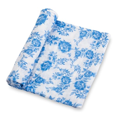 Image of LollyBanks Baby Swaddle Blanket, 100% Cotton Muslin Blankets for Girls, Large 47 x 47 Inches Soft and Breathable Swaddles for Newborns, Gentle Baby Wrap Swaddle, Registry (Blue Peony Print)
