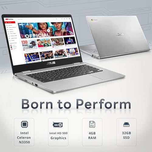 Image of ASUS Chromebook CX1400 14 inch HD NanoEdge Laptop, Intel Celeron N3350 Processor, 4GB RAM, 32GB eMMC, Intel HD Graphics, 720p HD Camera, Wi-Fi, Bluetooth, Silver, Chrome OS (Renewed)
