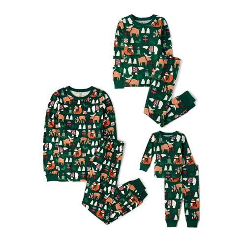 The Children's Place,Unisex Baby,Family Matching, Holiday Pajama Sets, Cotton,Green Christmas Woodland Animals,10