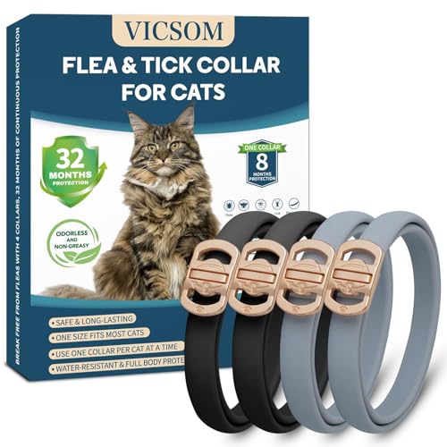 Flea and Tick Collar for Cats - 4 Pack, 32 Month Protection Treatment, Waterproof, Natural Prevention, Adjustable for Cats & Kittens (Black Grey)