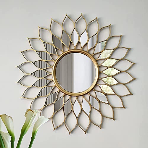 Espejo para Colgar en la Pared, decoración de Espejo de Pared con círculo de Girasol, Espejo de Pared de Hierro Forjado, artesanía de Talla de Madera, Espejo Redondo con Marco de Metal, espe