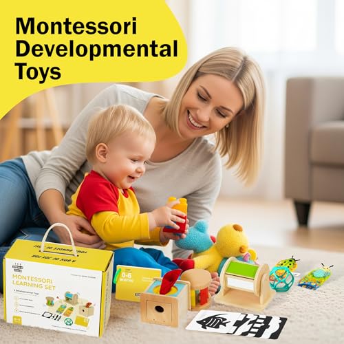 Montessori Toys for Babies 0-6 Months - 6-in-1 Educational Sensory Development Kit with Rolling Bell, Magic Tissue Box, Spinning Drum & More