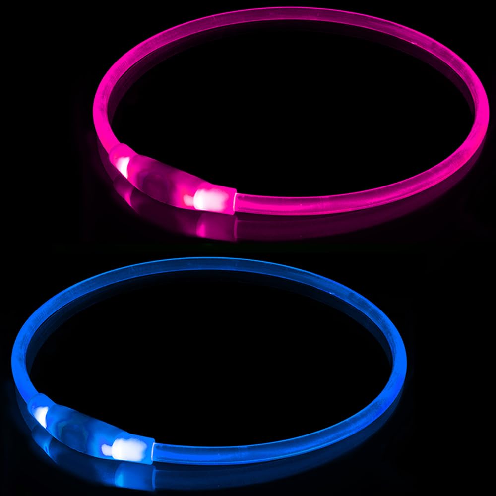 2 PCS LED Dog Collar, USB Rechargeable Flashing Dog Collar for Night Safety, Adjustable, Waterproof, Bright Illuminated Collar for Dogs, One Size Fits All, Blue + Pink — image 1