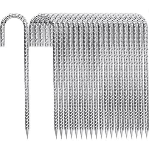 Ground-Stakes-Heavy-Duty-12-Inch, J Hook Rebar Stakes Galvanized Anti-Rust 50pcs Metal Stakes for Ground Heavy Duty Ground Anchors for Garden Dog Fence Chicken Coop Deer Fence