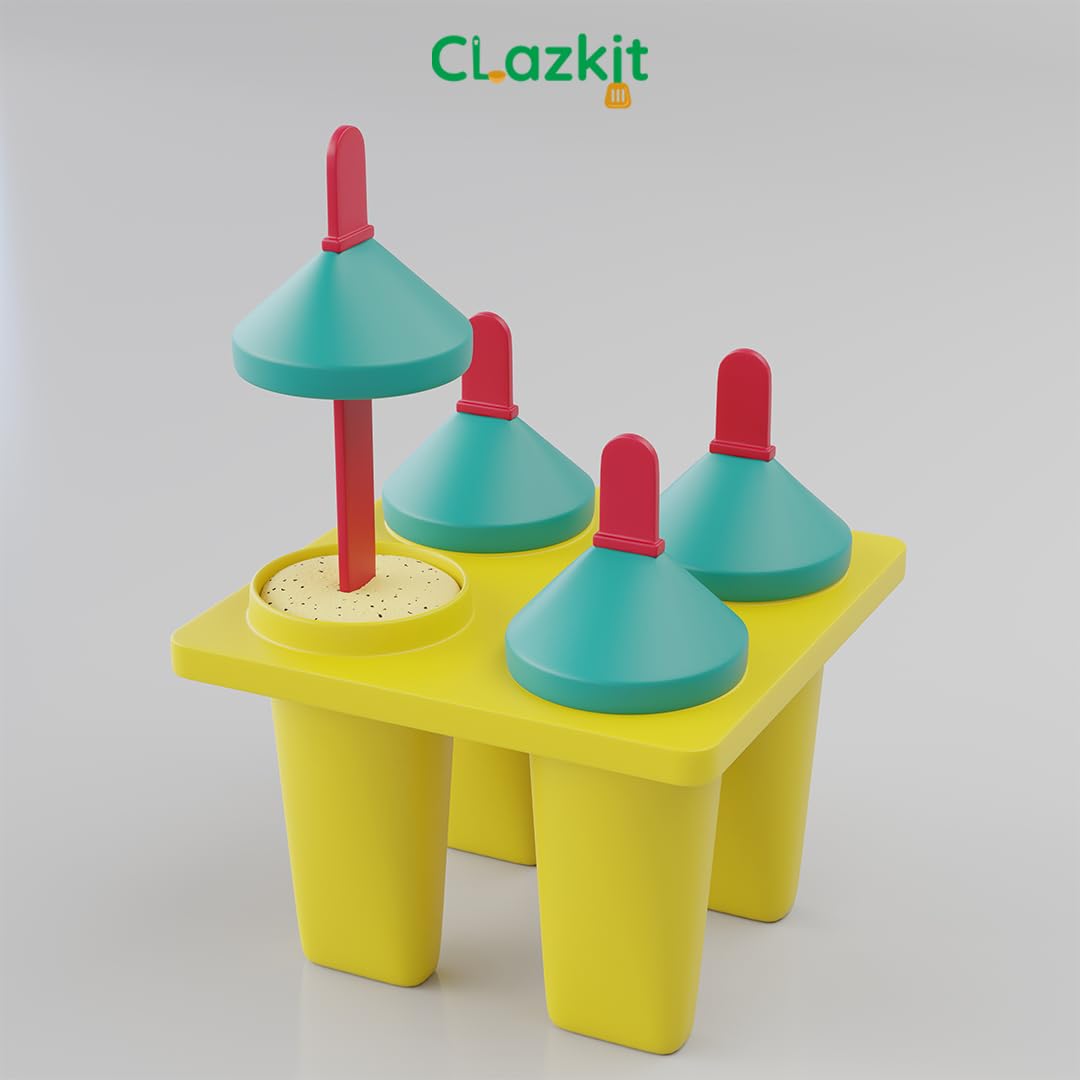Clazkit Plastic 4 Cavity Reusable Ice Pop Makers, Homemade Popsicle/Frozen Ice Cream/Kulfi Candy for Children & Adults Set of 1 - Multicolor, 11L x 11W x 15H cm