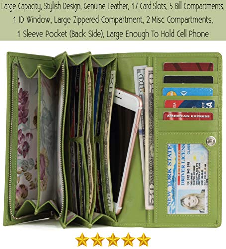 Image of Women's Top Grain Leather Wallet, RFID Blocking Bifold clutch, 17 Card Slots, Zip Pocket Organizer, Elegant Gift for Women - Birthday, Valentine, Anniversary - GREEN