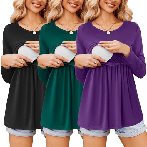Image of Ekouaer Women's Nursing Tops Long Sleeve Nursing Shirts Double Layer Maternity Clothes 3 Packs Breastfeeding Shirts