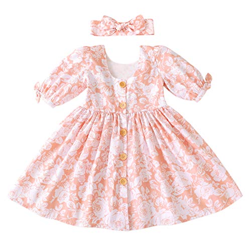 Flofallzique Floral Little Girls Dress Spring Casual Vintage Toddler Clothes Fancy Baby Outfit 1/2 Sleeves(4T,Coral)