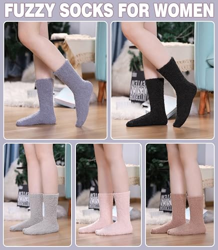 LANLEO Fuzzy Socks for Women Soft Cozy Fluffy Slipper Winter Warm Microfiber Plush Sleeping Socks 5 Pairs Solid color A