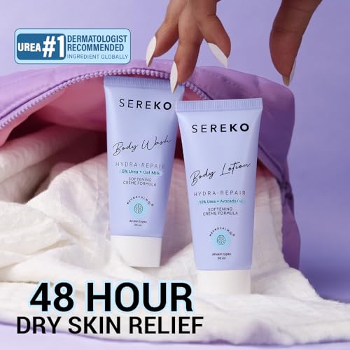 Image of Sereko 48H Skin Relief Body Wash and Lotion Travel Combo | Urea Treatment for Strawberry Legs, Detan, Brightening |Gentle Exfoliating, AHA & BHA Free for Very Dry, Flaky Skin 60ml