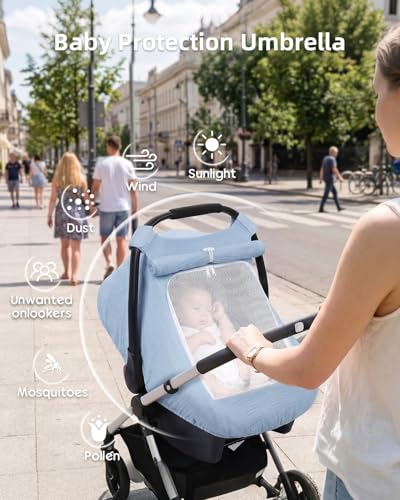 Image of Rquite Car Seat Cover Baby Girl Boy, 100% Muslin Cotton Carseat Covers, Breathable Infant Windproof Canopy with Mesh Window, Stroller Sun Shade for Summer & Hot Day, Baby Blue