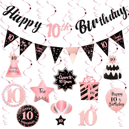 Image of 10th Birthday Decorations for Girls Rose Gold Pink Pre Strung Happy 10th Birthday Banner and Hanging Swirls 10 Year Old Party Decorations Supplies