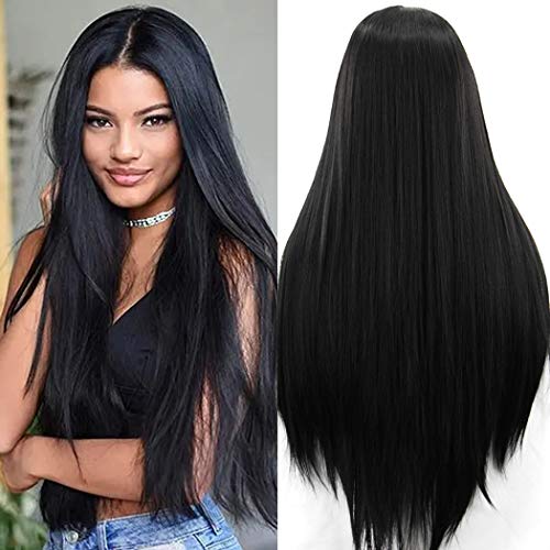 ATAYOUu00ae Peluca Negro Larga Lace Front - Natural Straight Black Lace Front Wigs Fashion Long Hair Wig Synthetic Heat Resistant Fiber for Women