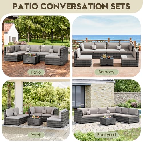 Image of LHBcraft 7 Piece Patio Outdoor Furniture Set, All-Weather Wicker Outdoor Sectional Patio Sofa, Outside Furniture with Grey Cushion and Glass Coffee Table