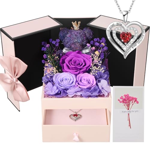 Rosa eterna com urso de musgo para mulheres, flores naturais preservadas com colar, presentes originais do dia dos namorados para mulher mãe namorada, caixa presente dia da mãe, aniversário, Natal