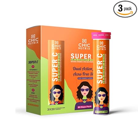 Chicnutrix Super C - Natural Vitamin C & Zinc for Clear & Acne Free Skin | 1000mg Amla Extracts|For Women & All skin types| Orange Flavour | 60 Effervescent Tablets