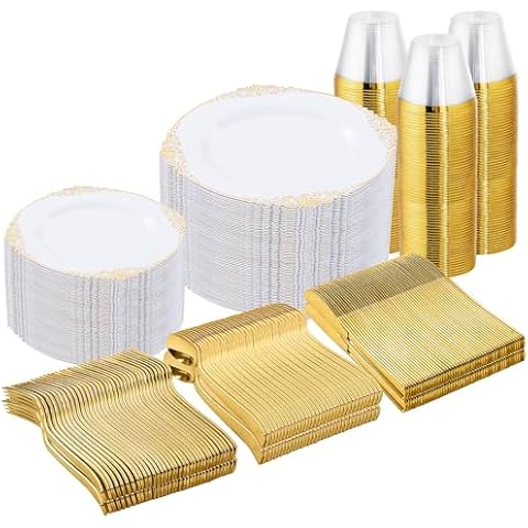 Nervure 600PCS Gold Plastic Dinnerware - White and Gold Disposable Plates for 100 Guests - 200 Gold Disposable Plates, 300 Gold Plastic Silverware, 100 Cups for Wedding & Party Cover