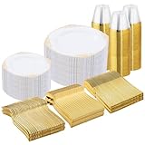 Nervure 600PCS Gold Plastic Dinnerware - White and Gold Disposable Plates for 100 Guests - 200 Disposable Plates, 300 Plastic Silverware, 100 Cups for Wedding & Party & Independence Day