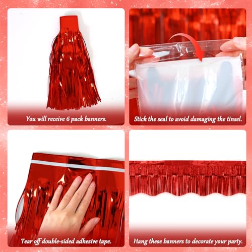 Image of LOLStar Red Foil Fringe Tinsel Garland, Tinsel Streamers Banner, 6 Pack | 60Ft Tinsel Streamers, Shiny Red Wall Hanging Tinsel Fringe Banners for Valentines Day, Parade Float, Christmas Party Decor