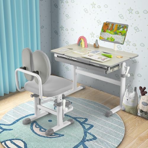 COSTWAY Escritorio Infantil Ajustable en Altura con Tablero Inclinable y Soporte para Libros, Cajón y Regla, Mesa Ergonómica para Niños para Escribir, Dibujar, Leer para Hogar Escuela(Mesa, Gris) - imagen 9