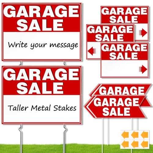 Lxmlwin 7 Pcs Garage Sale Signs with Stakes 5 Garage Sale Signs 17 x 13 Inch and 2 Arrow Yard Signs 17 x 6 Inch Waterproof Double Sided Corrugated Board with Arrows Stickers for Outdoor Sales Event