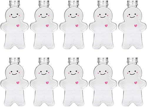 Toddmomy 10 botellas de agua de hombre de jengibre navideño, botellas vacías de plástico de jengibre con tapas, recipientes de bebida reutilizables