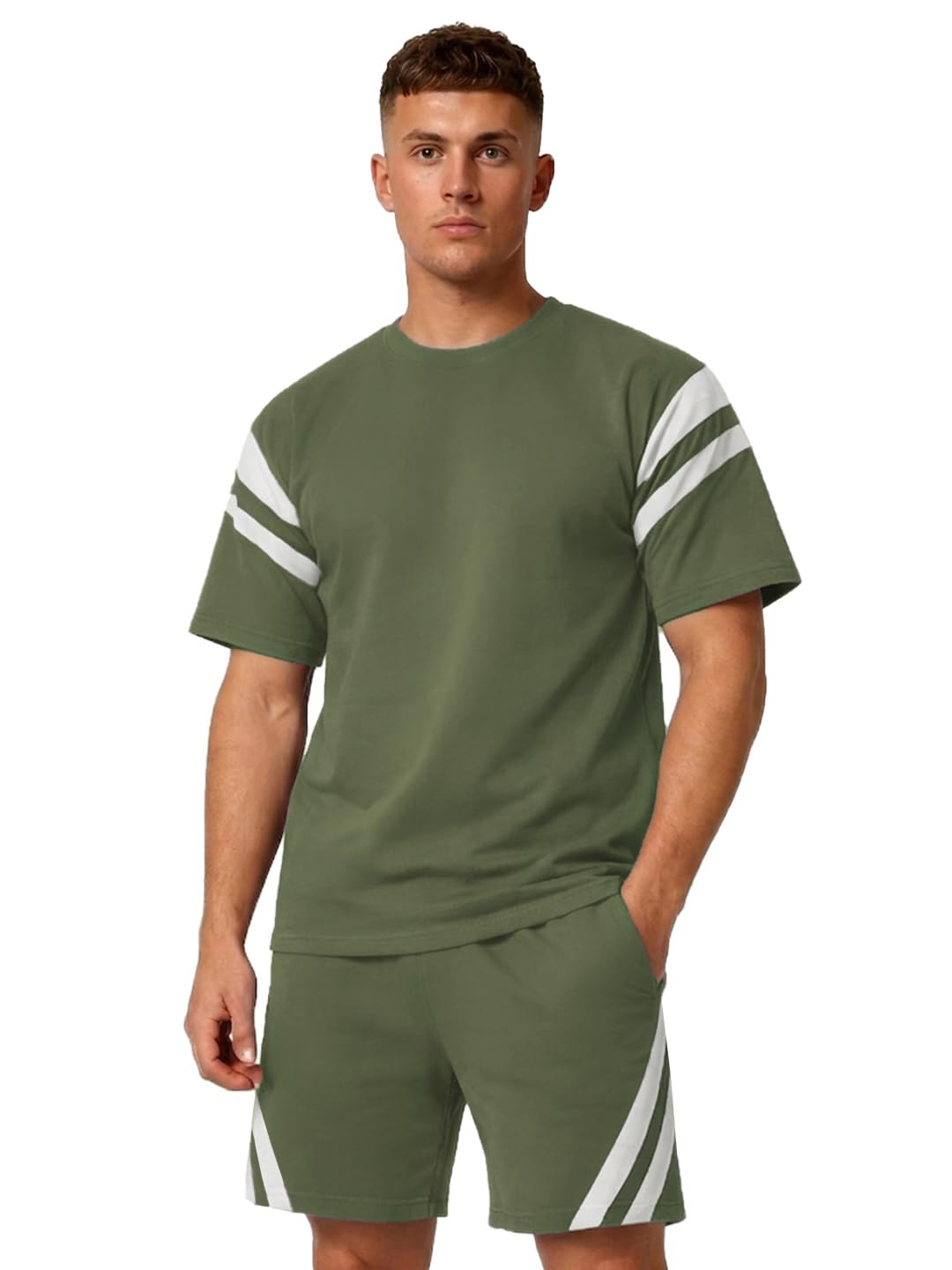 chkokko Men’s Co-Ord Set Premium Cotton Blend Solid Oversized T-Shirt & Shorts Cord Set with Side Pockets Half Sleeves with Contrasting Stripes Round Neck Summer or Casual Wear-picture-24
