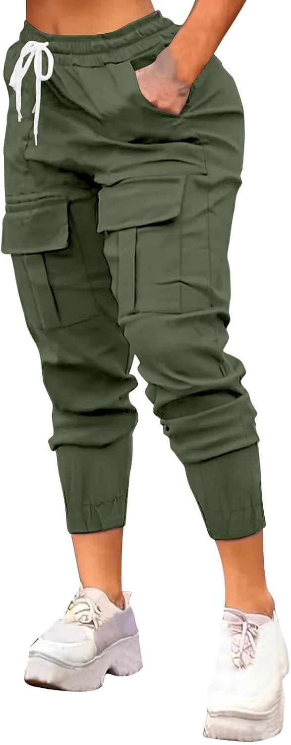 Womens Cargo Pants High Waisted Casual Hiking Joggers Pants Adjustable Waist Cargos Y2K Pants with 4 Pockets