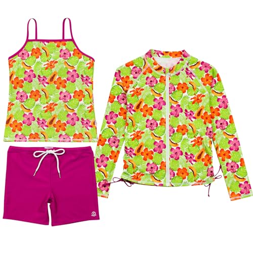 Image of SwimZip Girls' 3 Pc Swim Set w /Long Sleeve Rash Guard, Tankini & Shorts UPF 50+