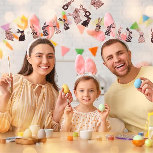 Image of Easter Felt Garland Brown Easter 3D Bunnies with Wooden Beads Banner Holiday Decorative Hanging Bunting Garland for Spring Home Mantel Fireplace Window Wall Decor