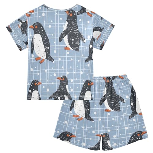 Penguins Blue Lattice Kids Pjs Set Boys Girls Summer Short-Sleeve Sleepwear Pajamas 2PCS2