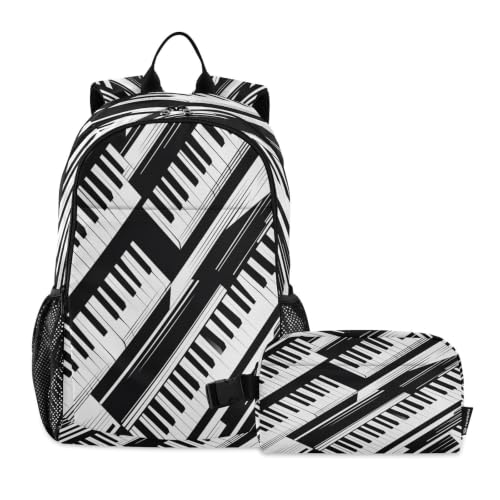 Sac à dos piano classique blanc et noir avec sac à lunch assorti pour école et voyage