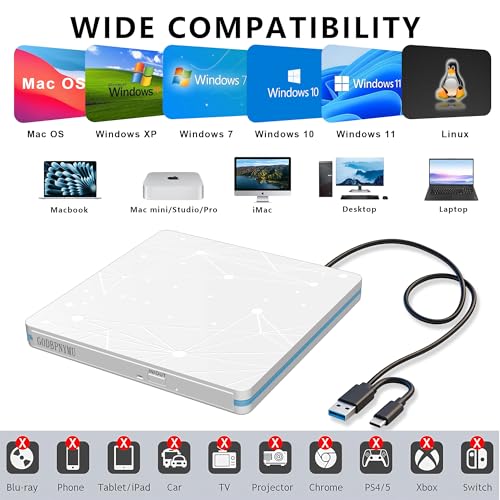 Image of External CD /DVD Drive for Laptop, USB CD Drive, USB C Plug and Play Optical Drive, Portable CD Burner, Compatible Windows 11 /10 /8 /7 XP Linux MacOS, w /Storage Bag & 4 disc Bags