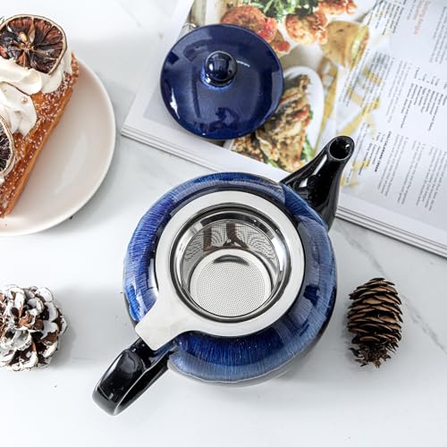 KOOV Tea Pot with Infuser for Loose Tea, 34OZ Ceramic Teapot with Infuser, Enough For 6 Cups, Tea Pots with Tea Strainers for Tea Party, Reactive Glaze (Nebula Blue)